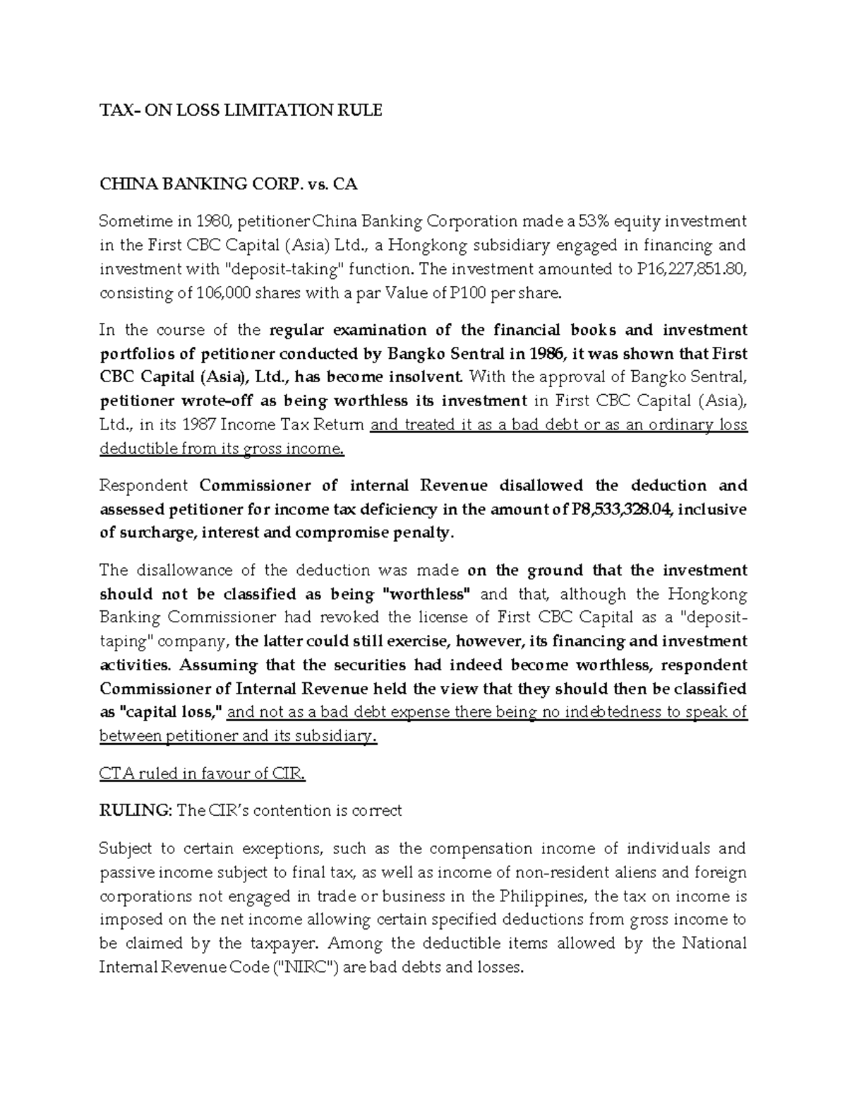 China Banking vs. CA - Loss Limitation Rule - TAX- ON LOSS LIMITATION ...