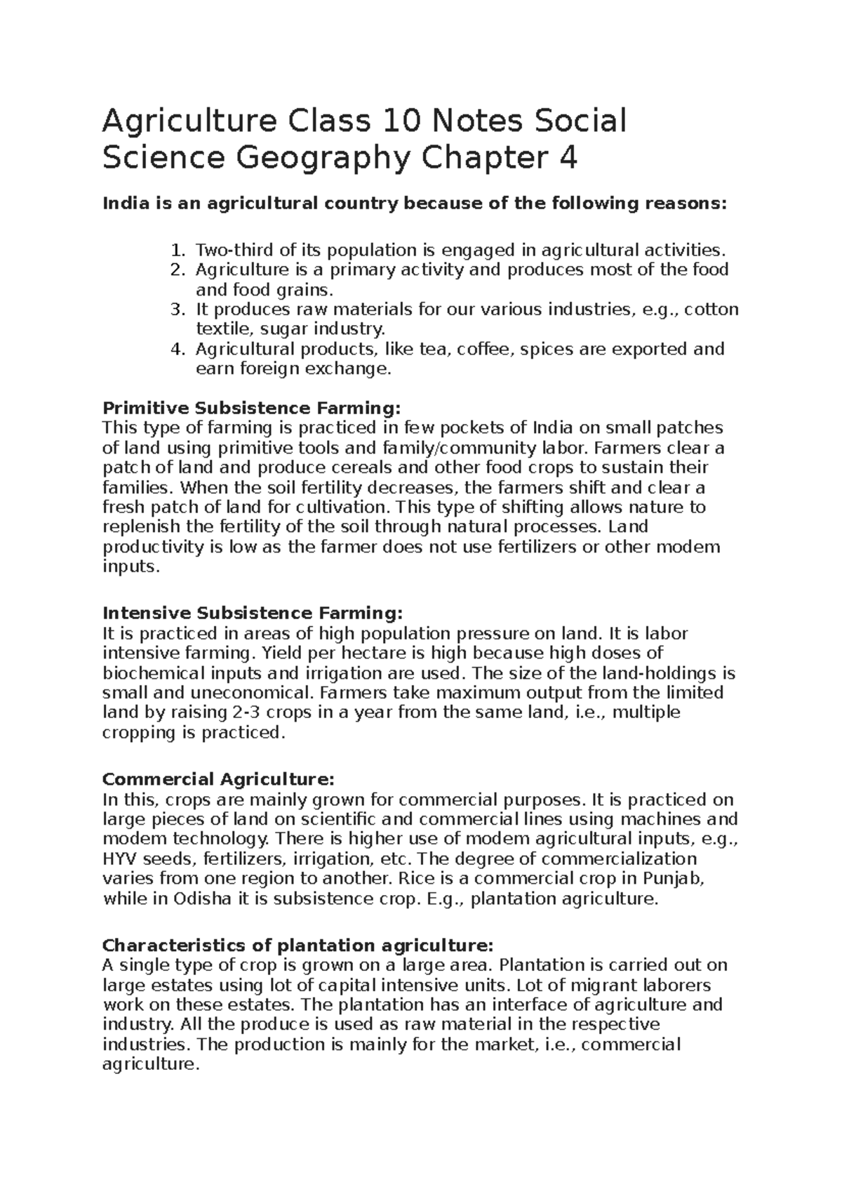 Agriculture Class 10 Notes Social Science Geography Chapter 4