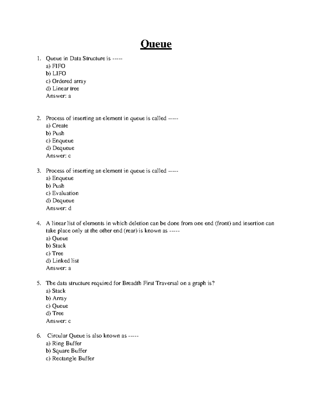 Queue - questions ds - Queue Queue in Data Structure is - a) FIFO b ...