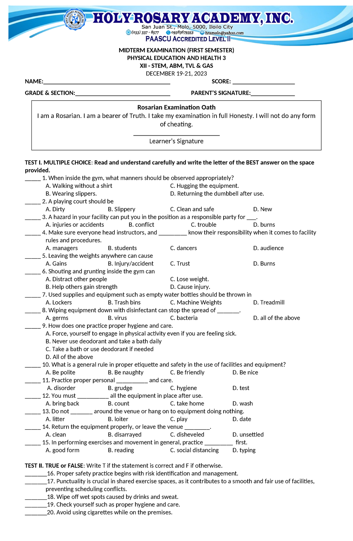 Claro 2nd-Quarter-Exam-P - MIDTERM EXAMINATION (FIRST SEMESTER