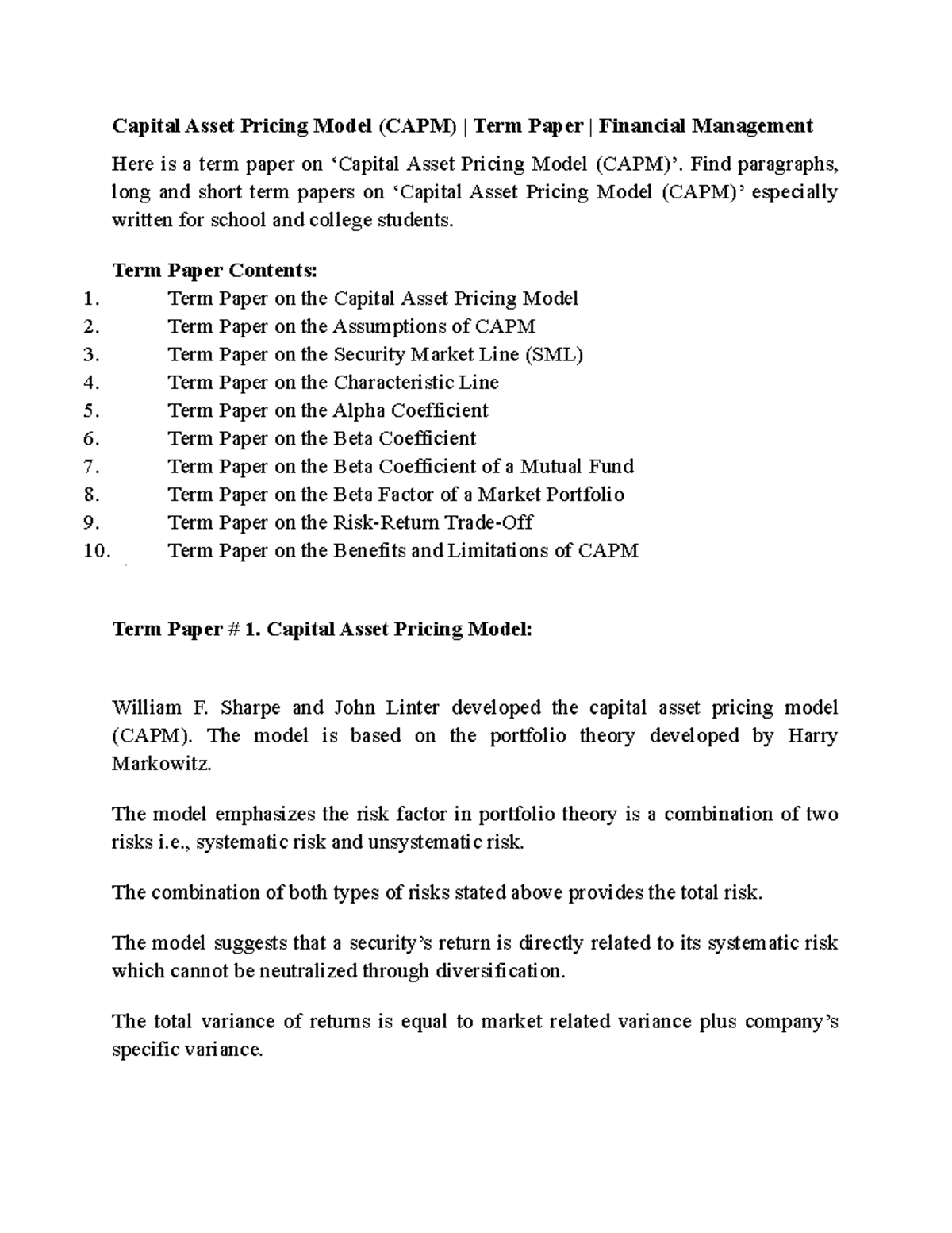 Financial management - Capital Asset Pricing Model (CAPM) | Term Paper ...