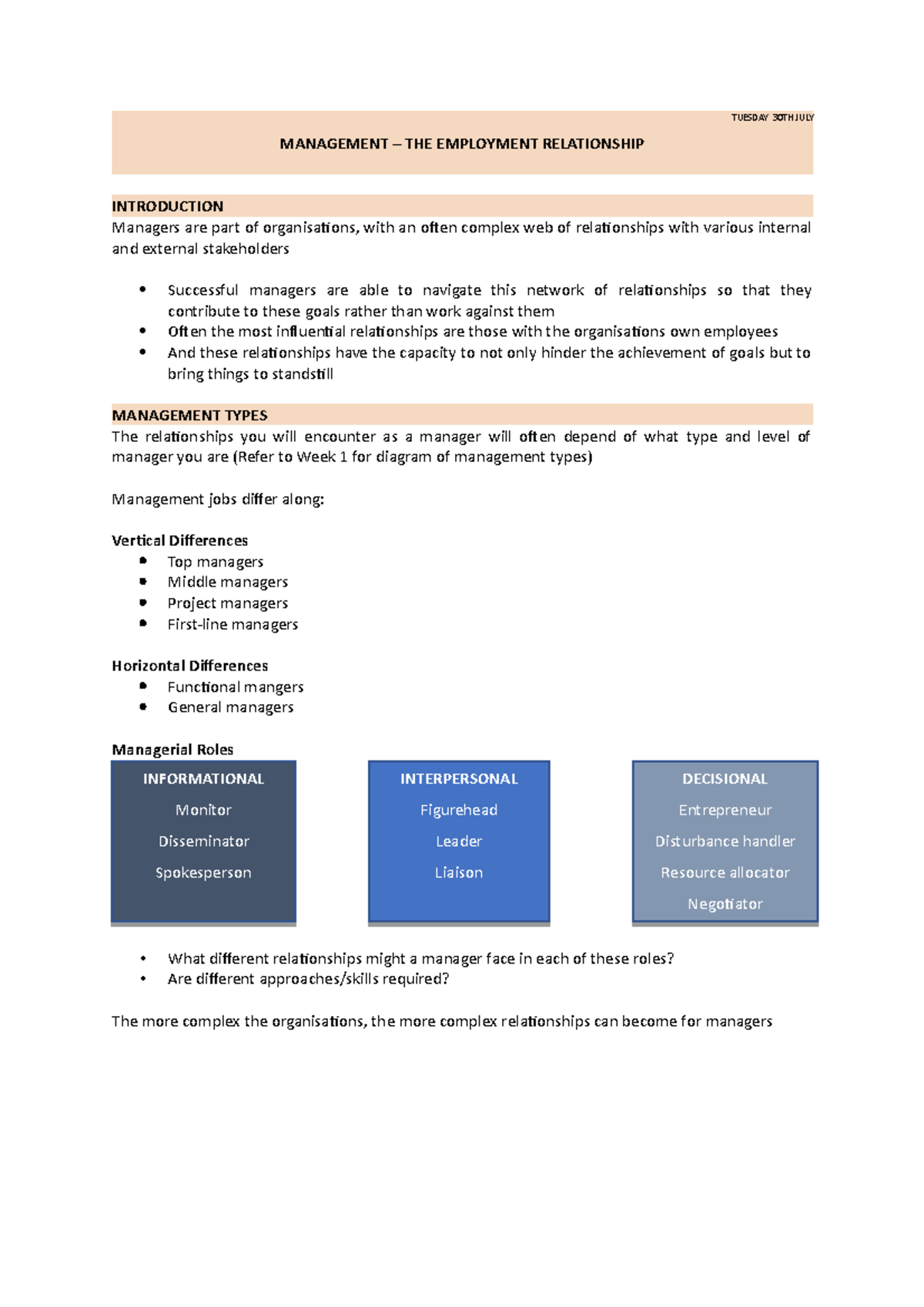 Week 2 - The Employment Relationship - TUESDAY 30TH JULY MANAGEMENT ...