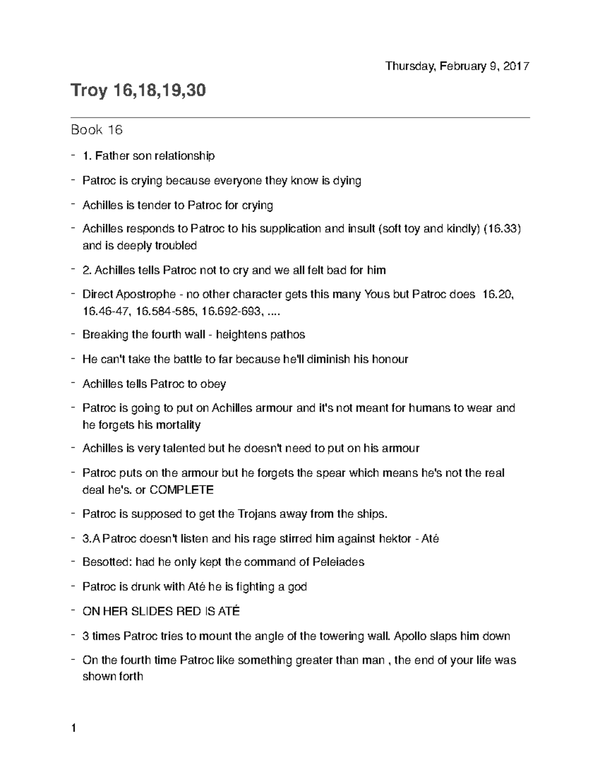 Troy Chapters Summary Thursday, February 9, 2017 Troy 16,18,19,30