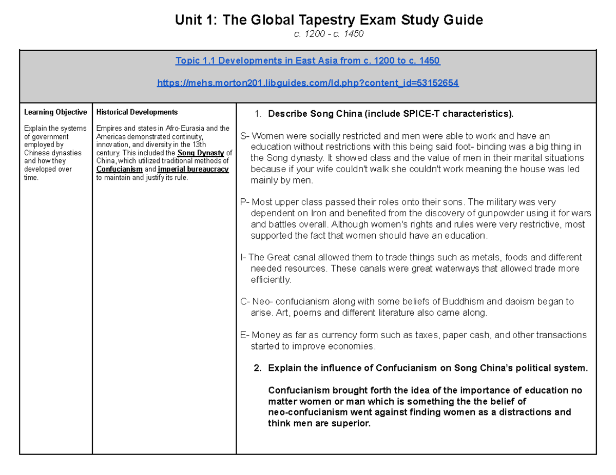 Copy of Copy of Unit 1 Study Guide - Unit 1: The Global Tapestry Exam ...