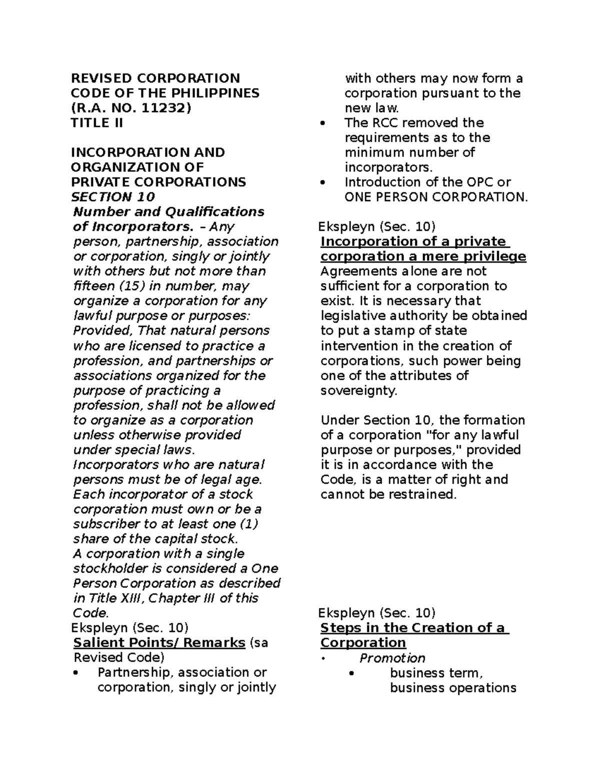 Revised corp code of the ph incorp and organization of private corp ...