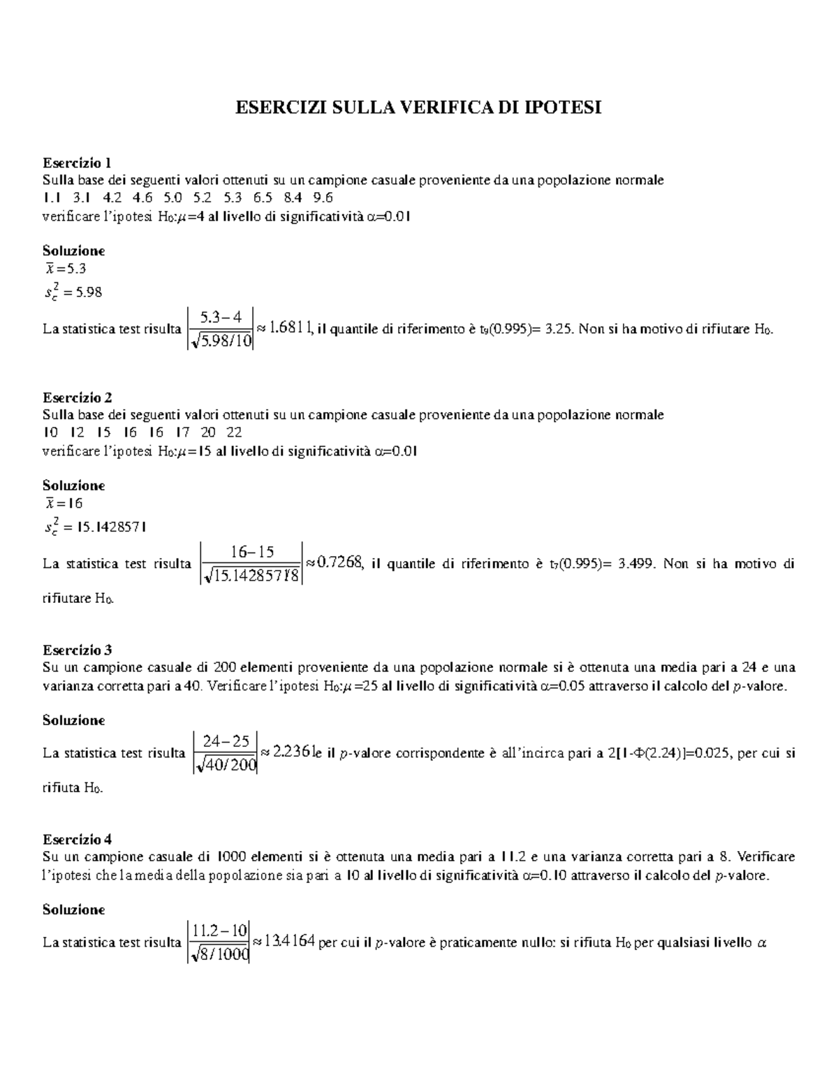 Esercizi Su Verifiche Di Ipotesi - ESERCIZI SULLA VERIFICA DI IPOTESI ...