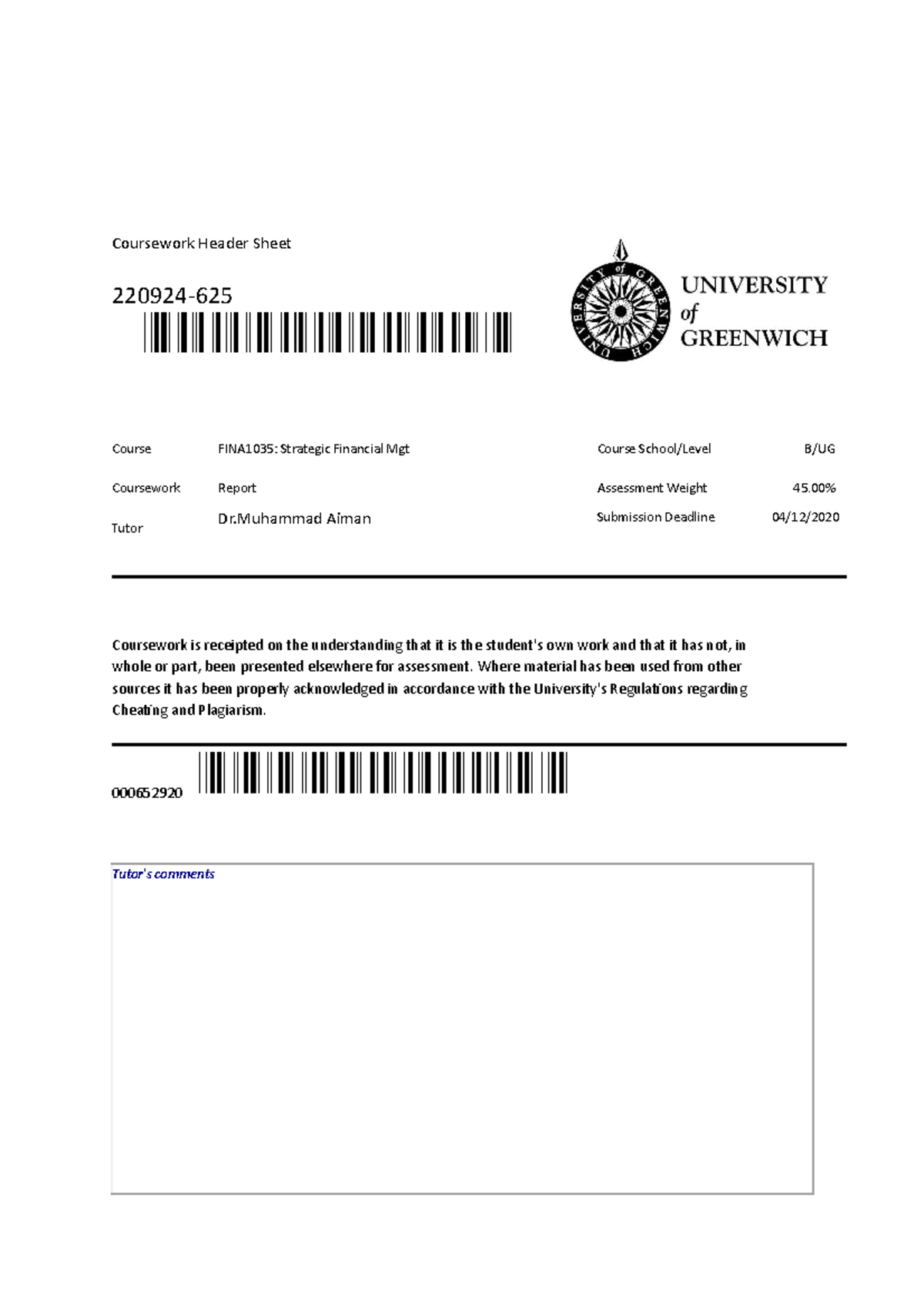 IHG internal Analysis 1190075 2103949661 Coursework Header Sheet
