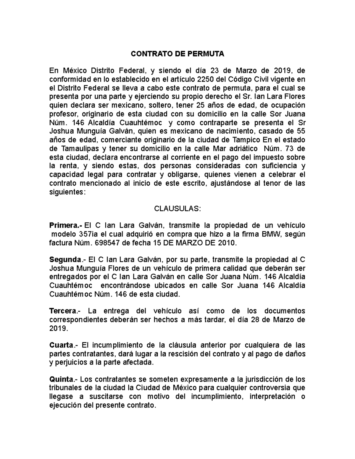 Act 4  - contrato de permuta - CONTRATO DE PERMUTA En México Distrito  Federal, y siendo el día - Studocu