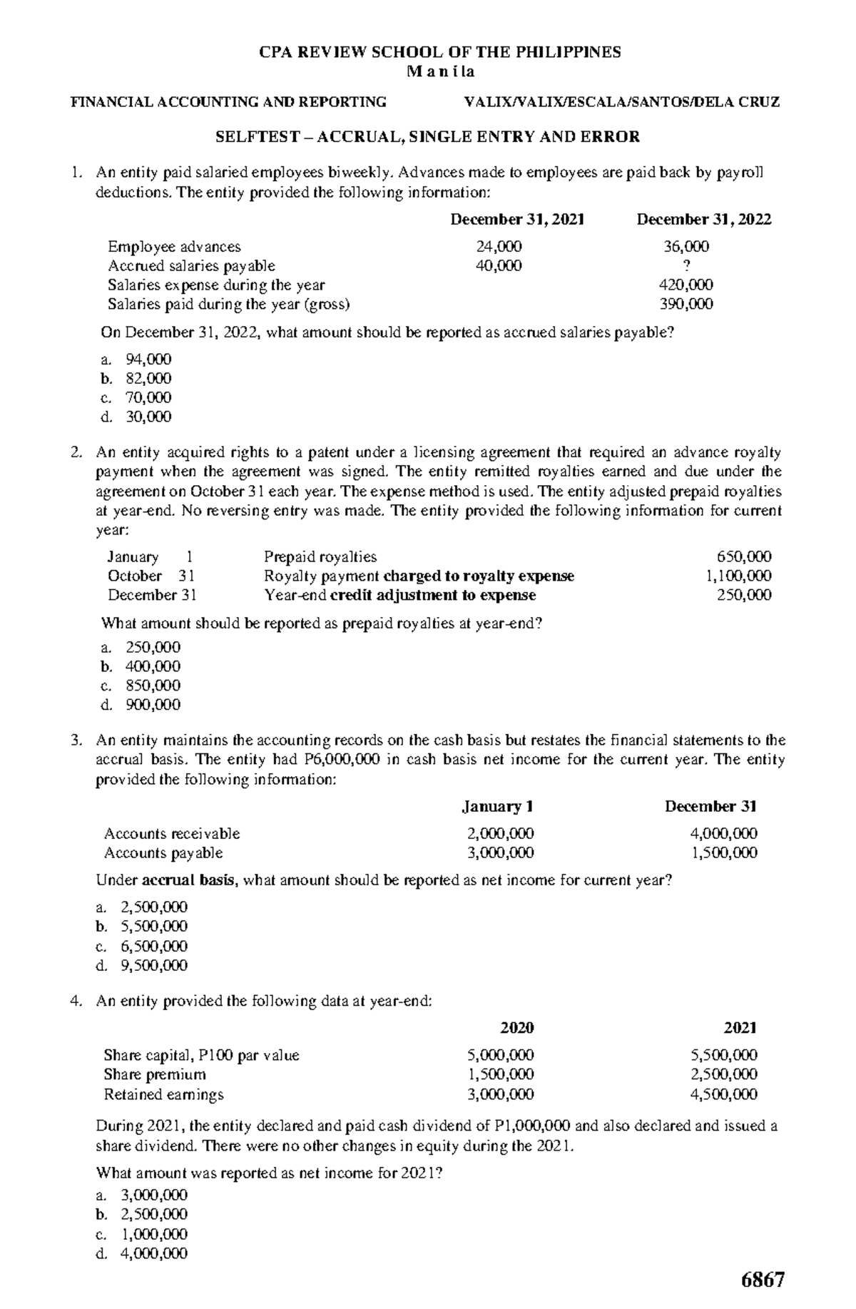 6867 - Selftest - Accrual, Single Entry and Error - 6867 CPA REVIEW ...