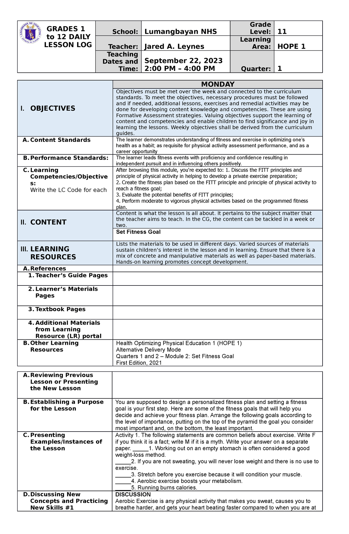 PE 11 Sept 22 (GOOD FOR 2HRS) - GRADES 1 to 12 DAILY LESSON LOG School ...