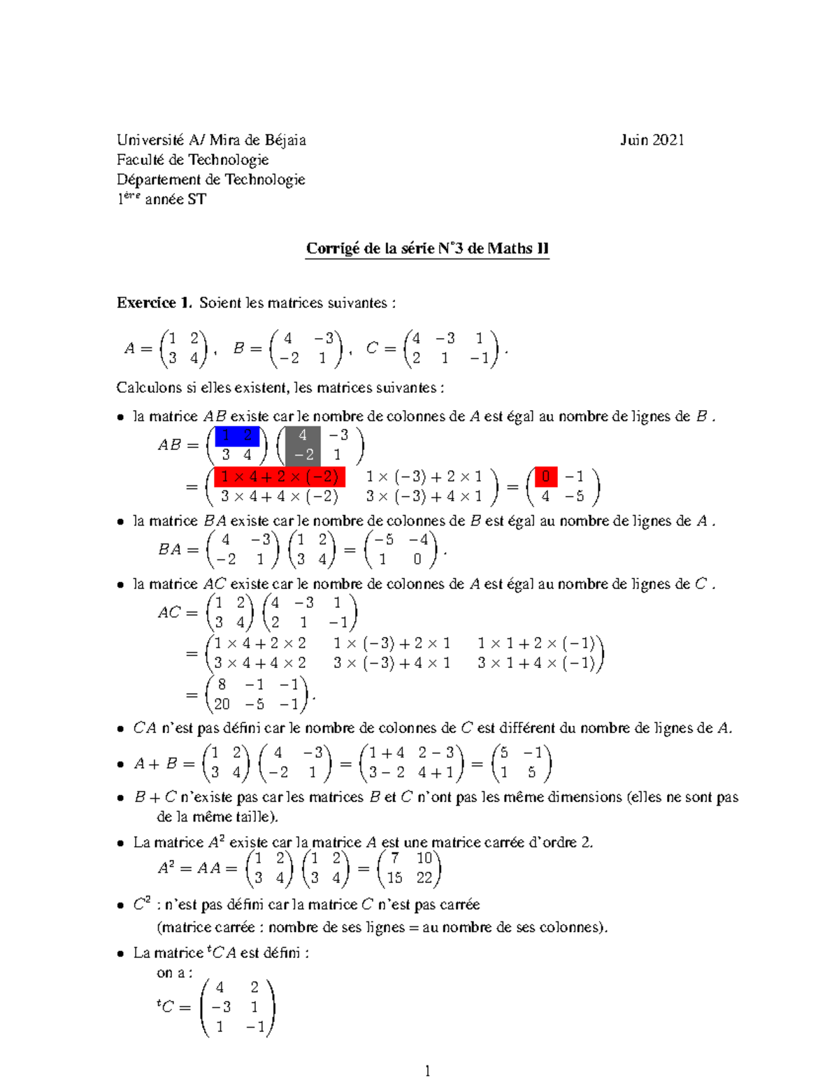 Corrigé De La Série N 3 2020 - Universit ́e A/ Mira De B ́ejaia Juin ...