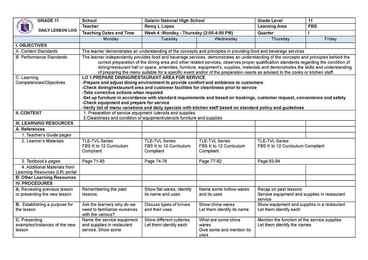 Week 4 - FBS - GRADE 11 DAILY LESSON LOG School Galarin National High ...