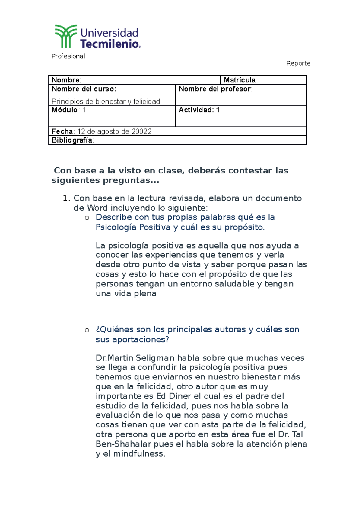 Actividad 1 Principios De Bienestar Y Felicidad-2 - Profesional Reporte ...