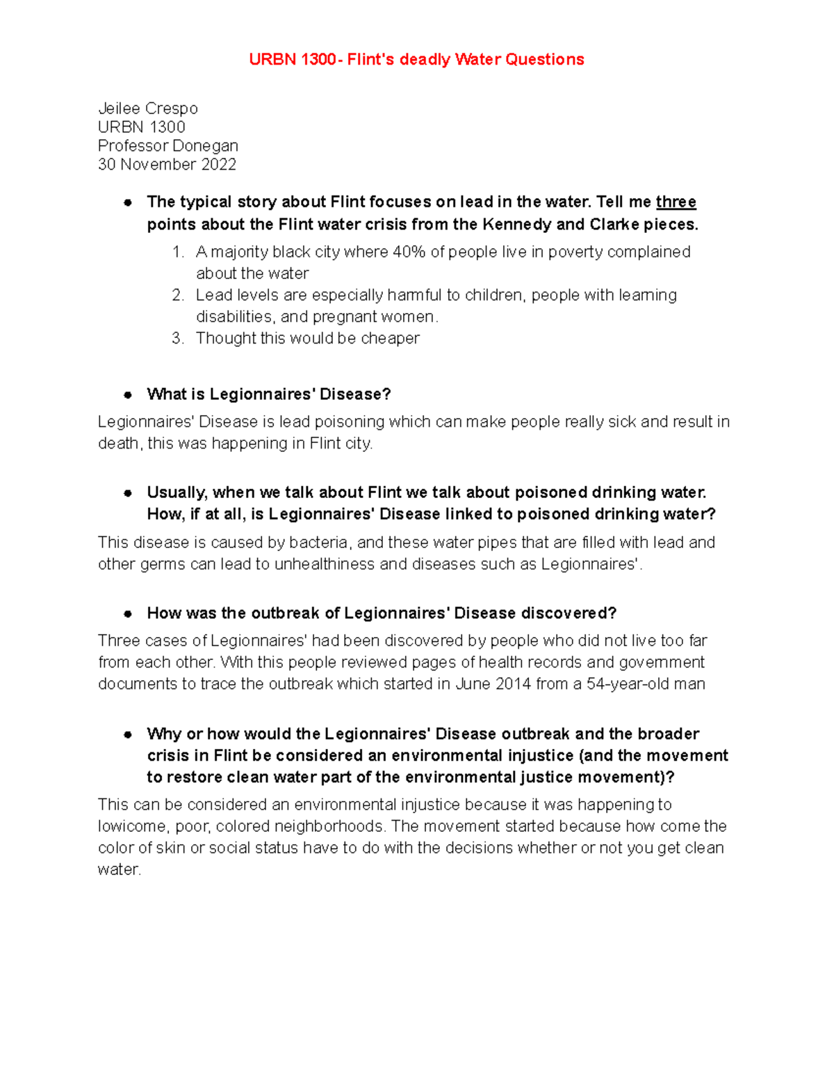 URBN 1300 Flint's deadly Water Questions Tell me three points about