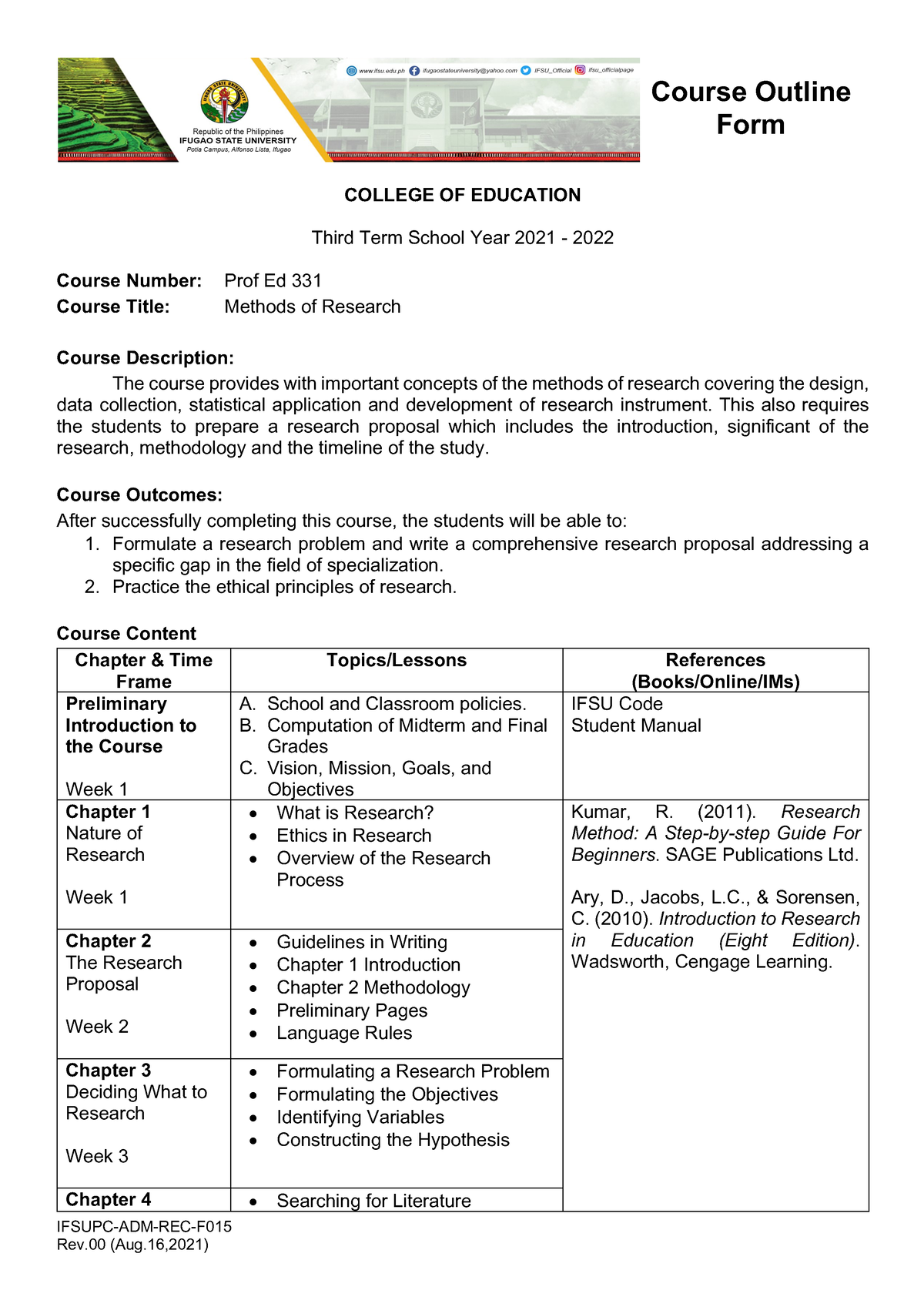 course outline of research methods