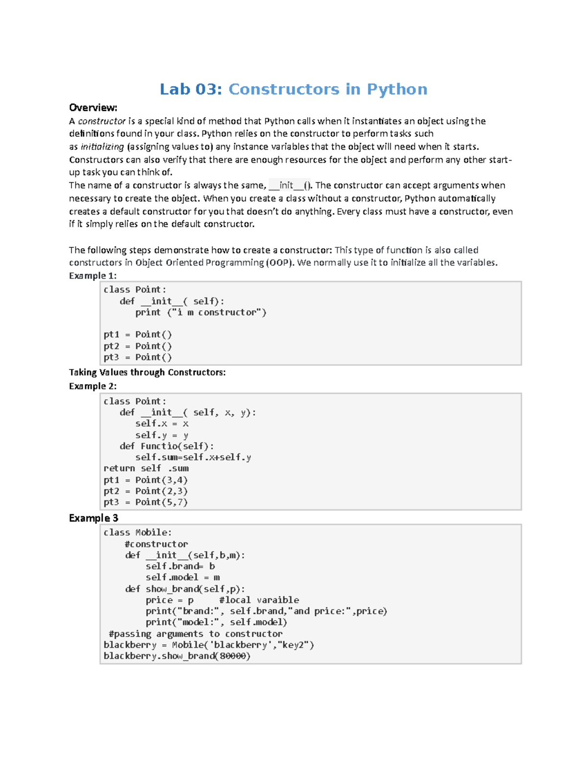 Lab 03 - I AM NEW - Lab 03: Constructors in Python Overview: - Studocu