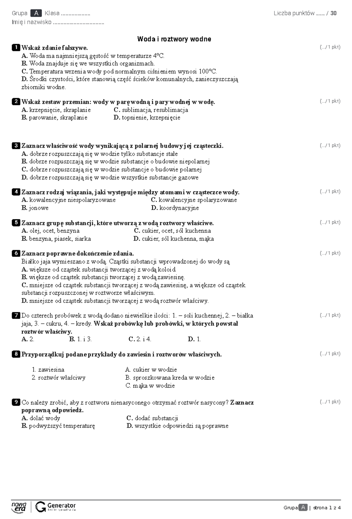 Sprawdzian Z Woda I Roztwory Wodne