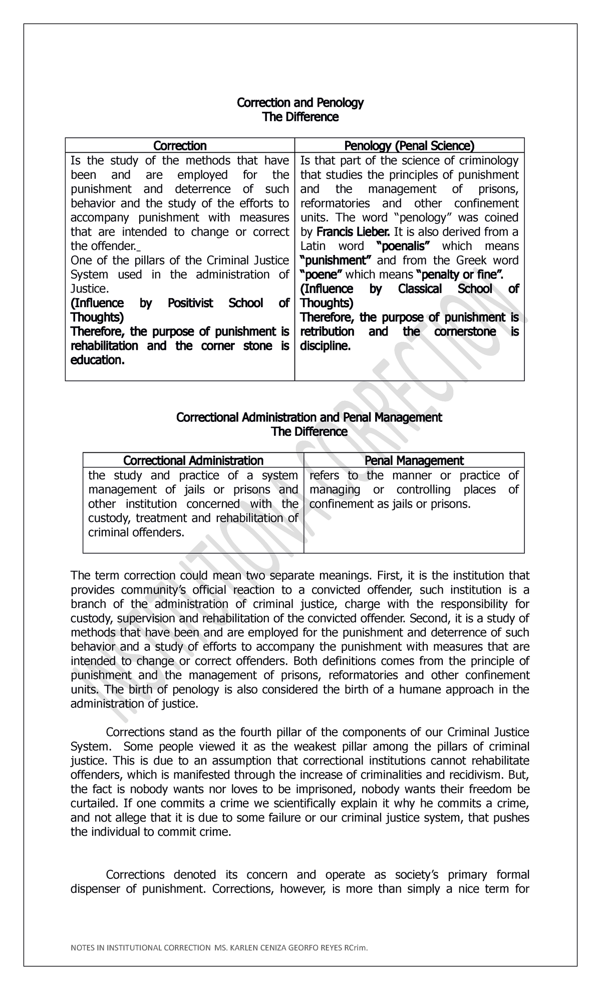 Institutional Correction Correction and Penology The Difference Correction Penology (Penal