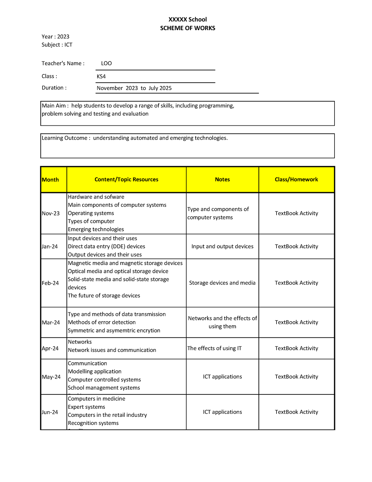 Lesson Plan 2023 - MCT - Year : 2023 Subject : ICT KS November 2023 to ...