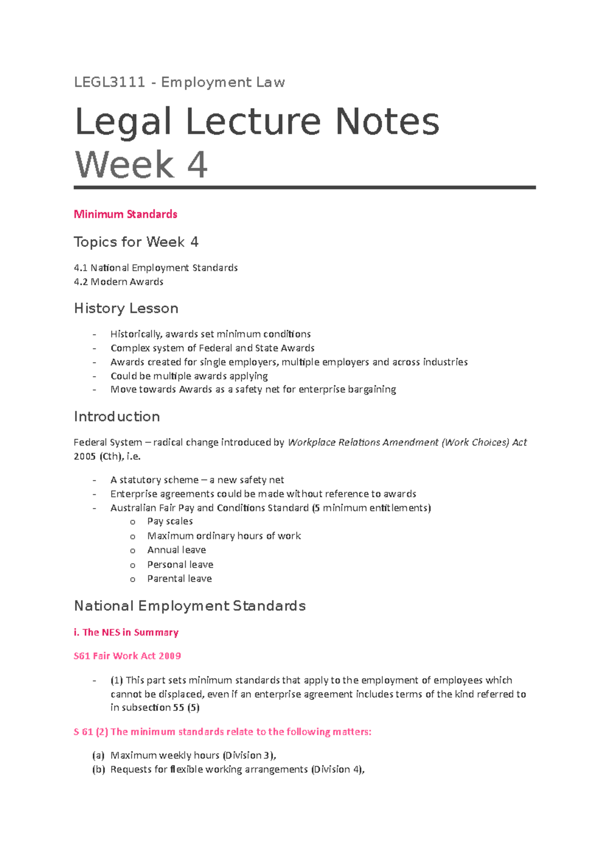 Week 4 Lecture notes - LEGL3111 - Employment Law Legal Lecture Notes ...