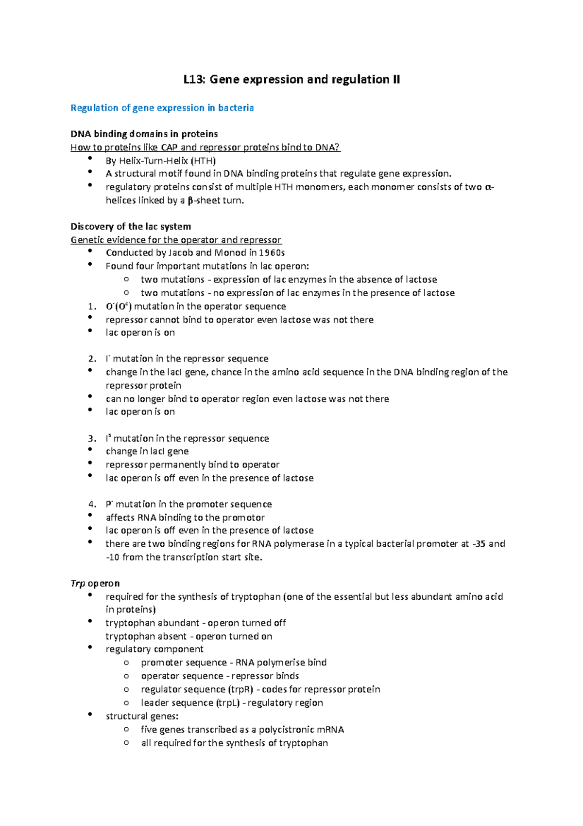 BIOC2201 Lecture Notes - L13: Gene expression and regulation II ...