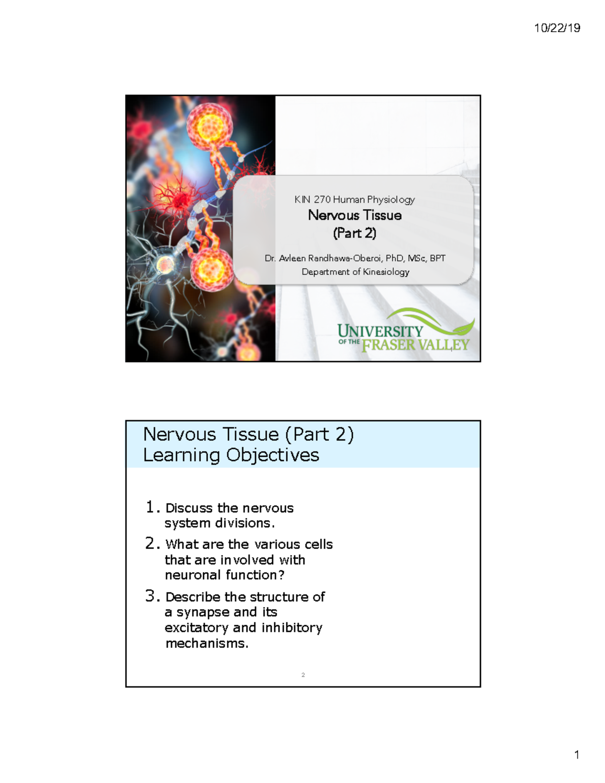 Nervouse Tissue Part 2 Notes - 1 KIN 270 Human Physiology Nervous ...