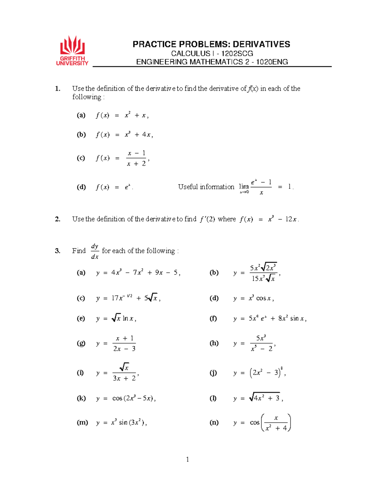 5-Derivatives-problems - 1 PRACTICE PROBLEMS: DERIVATIVES CALCULUS I ...