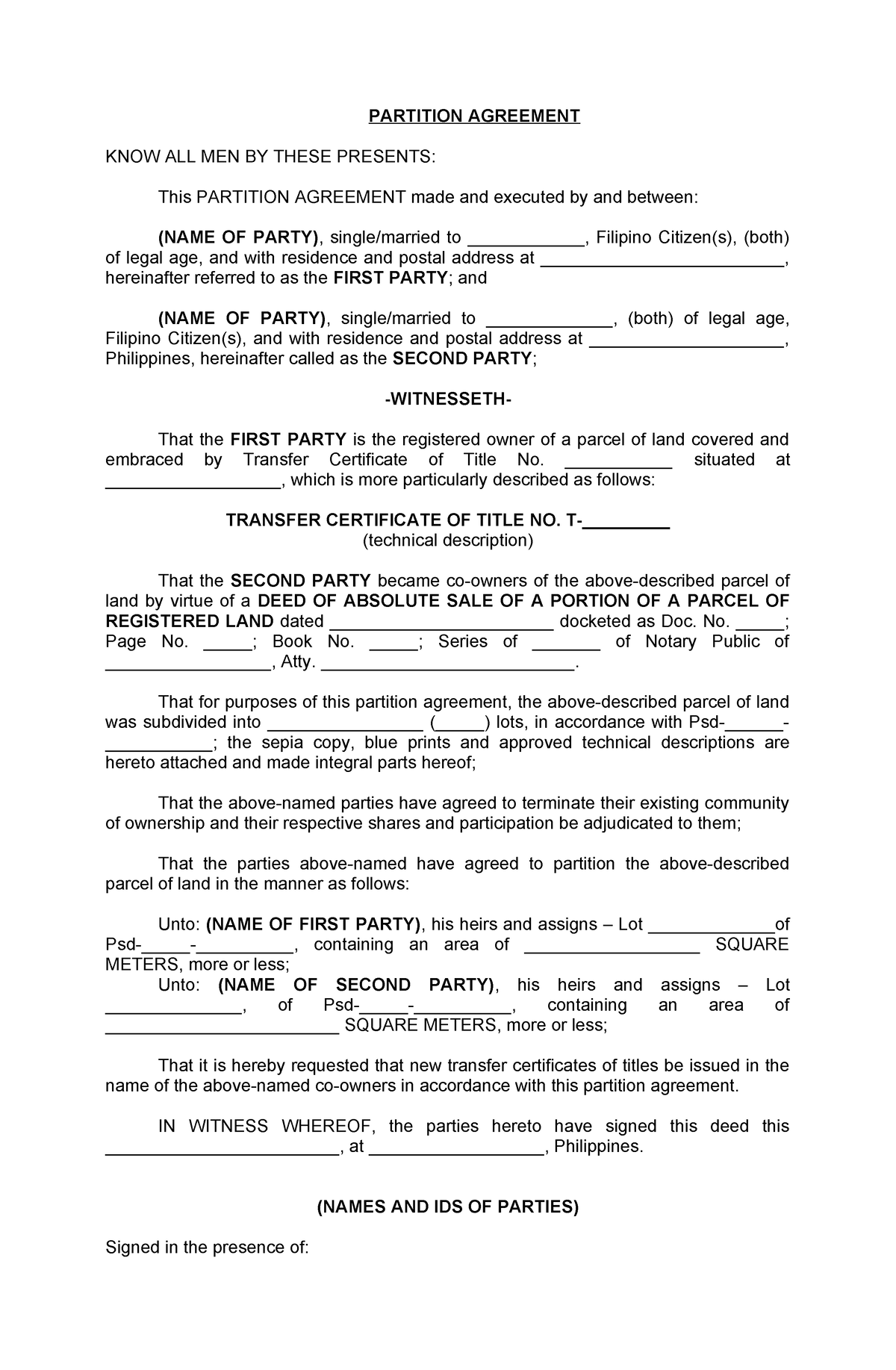 260334077 Sample Partition Agreement Document - PARTITION AGREEMENT ...