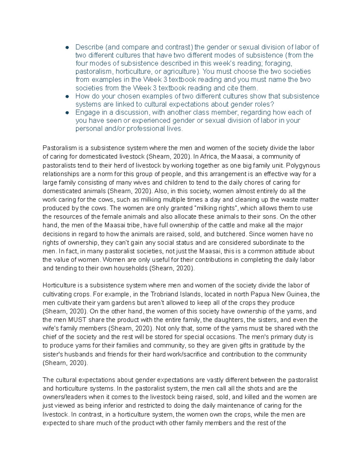 Cultural Anthropology Discussion 3 (Subsistence Systems) Describe