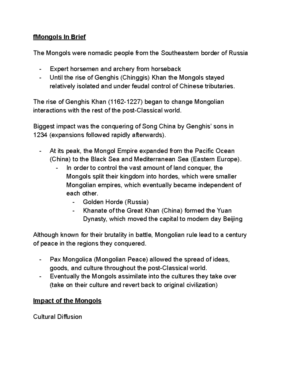 World History Unit 2 Notes fMongols In Brief The Mongols were nomadic people from the