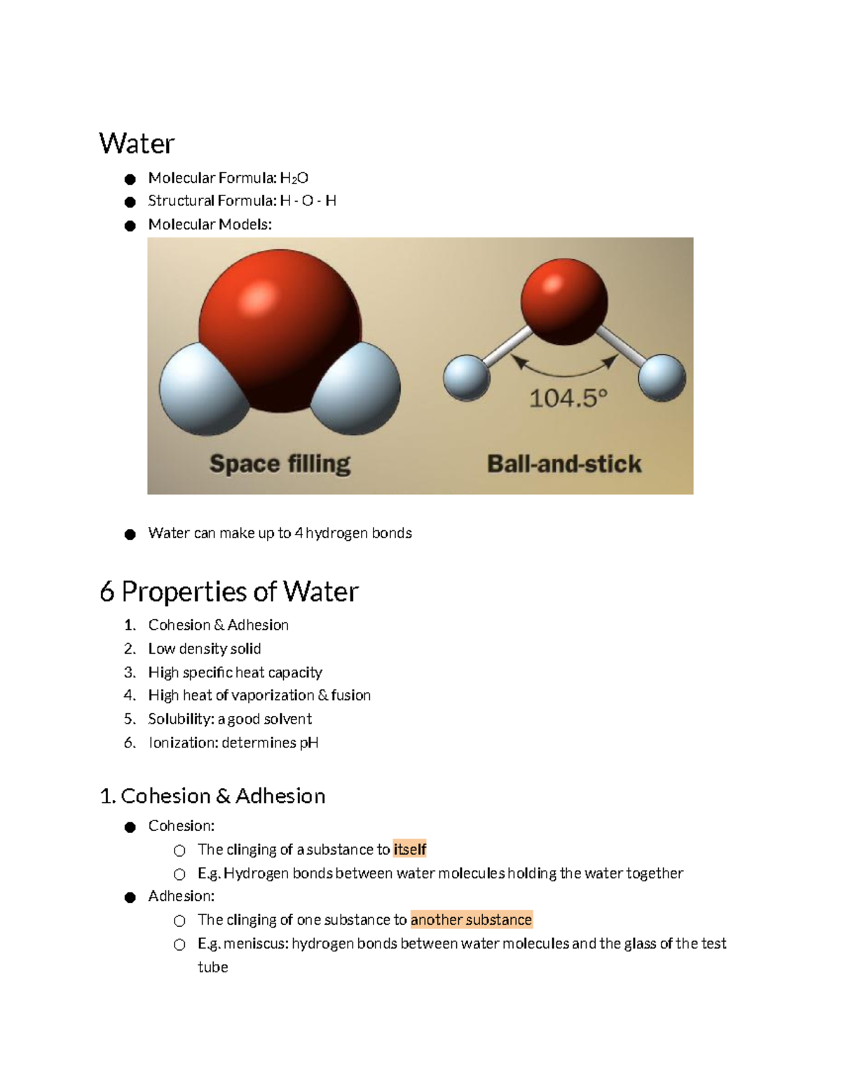 3 Properties Of Water Notes Water Molecular Formula H 2 O Structural Formula H O H