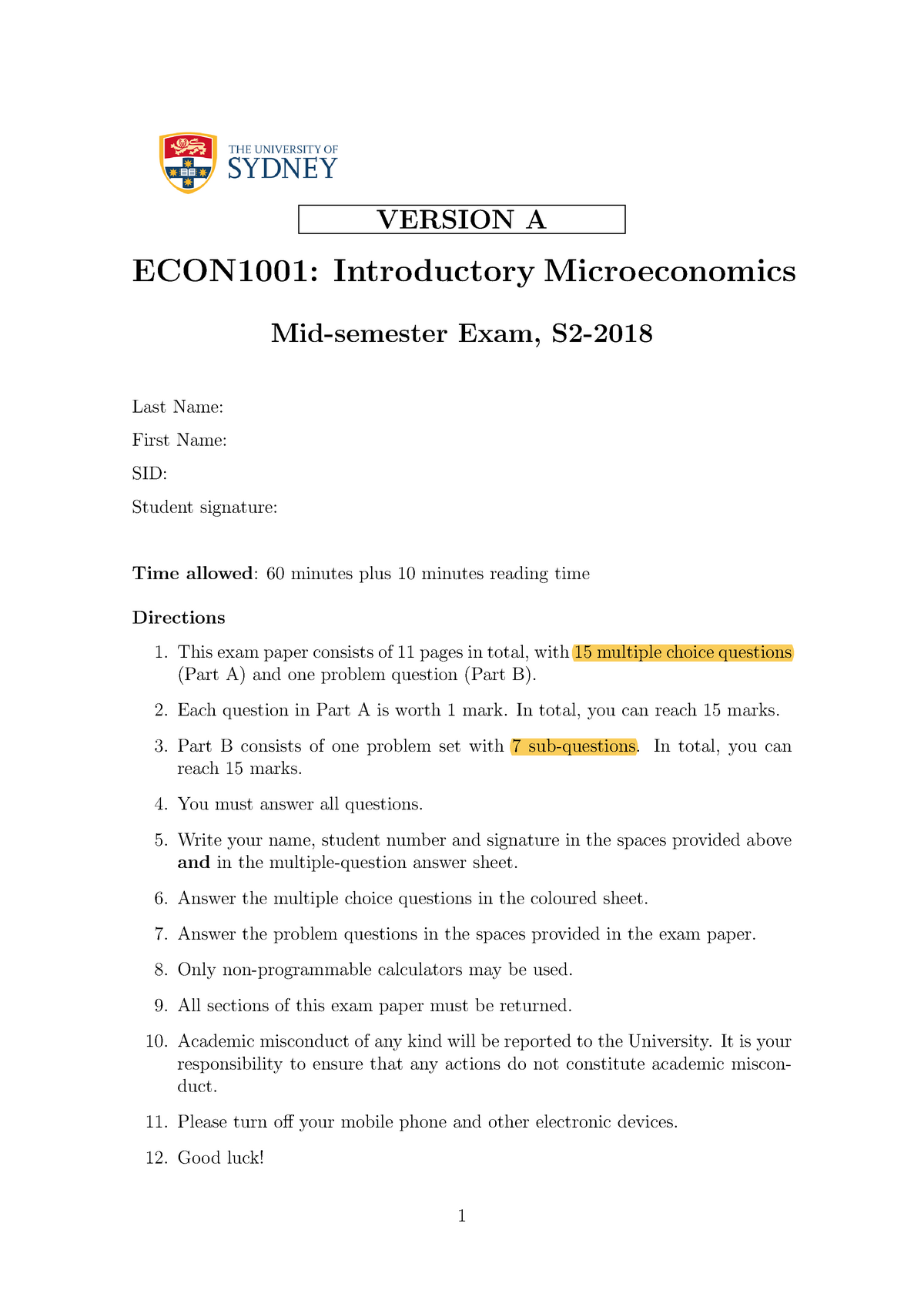 ECON1001 Midterm S2 2018 Version A - VERSION A ECON1001: Introductory ...