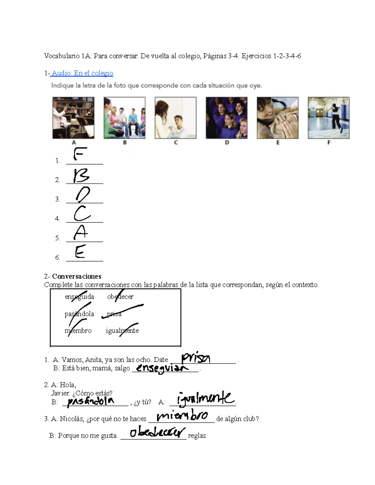 Vocabulario 1A, Páginas 34 Vocabulario 1A Para conversar. De vuelta