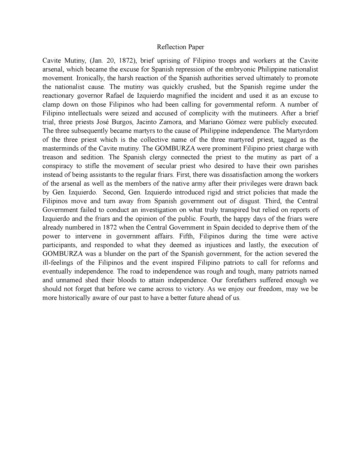 Reflection Cavite - Grade: B - Reflection Paper Cavite Mutiny, (Jan. 20 ...