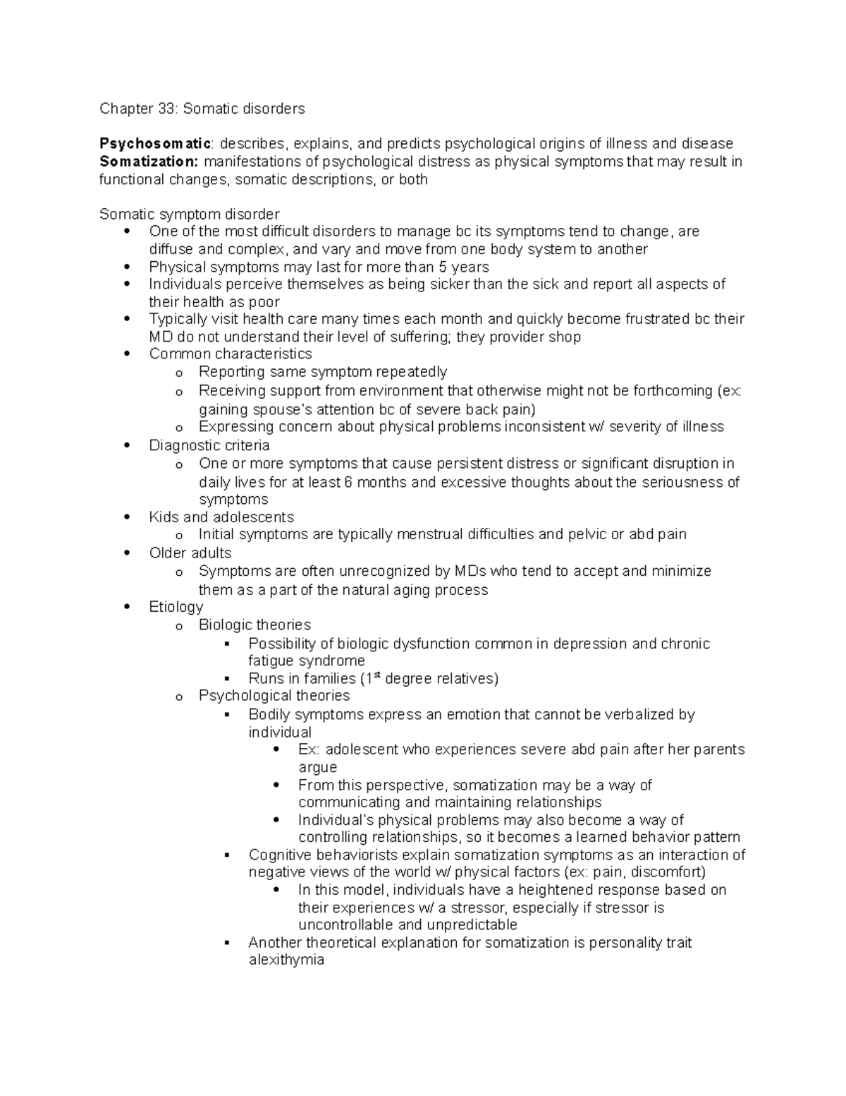 Ch. 33-somatic - notes from book. - Chapter 33: Somatic disorders ...