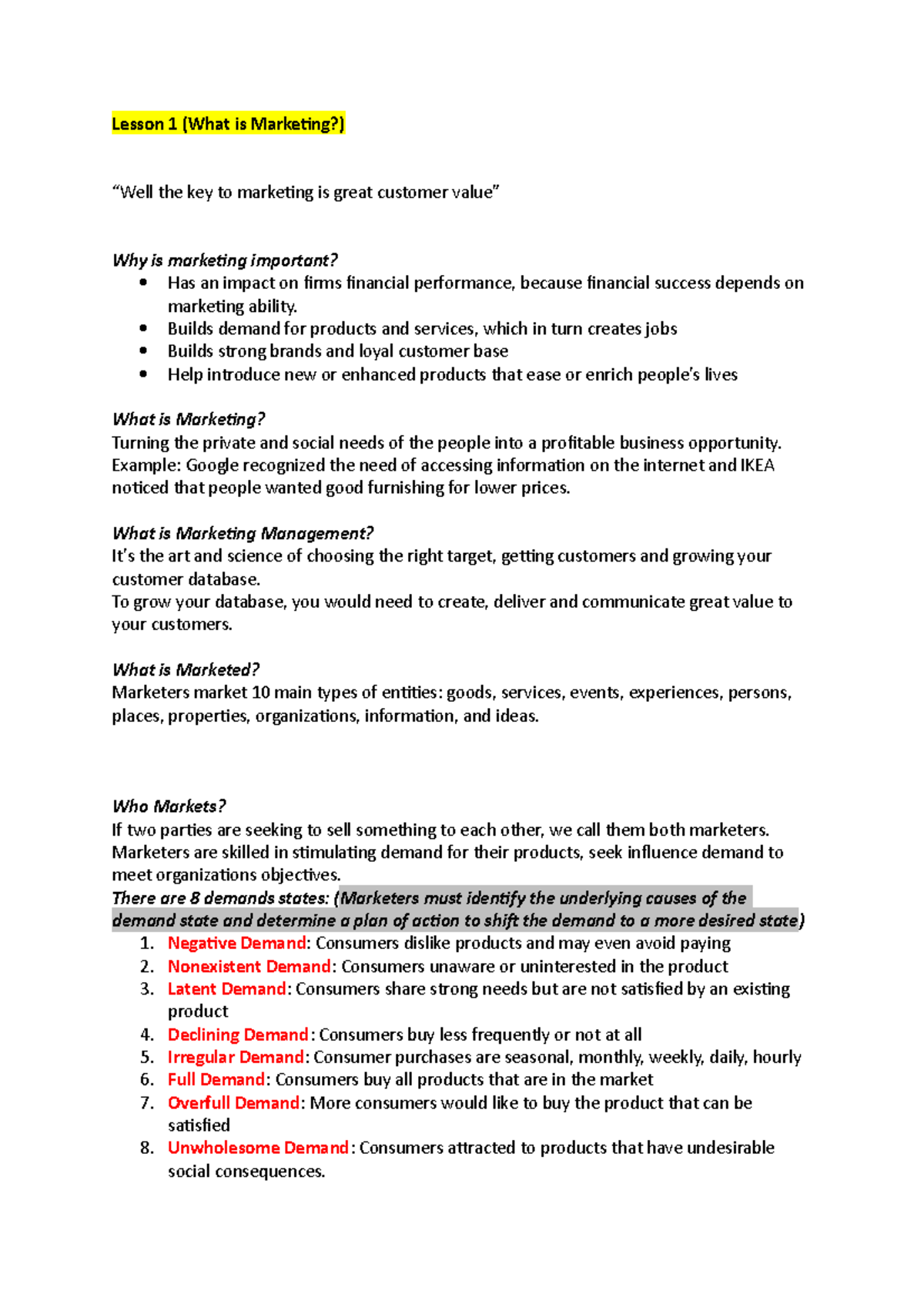 MKTG Notes - Lesson 1 (What is Marketing?) “Well the key to marketing ...