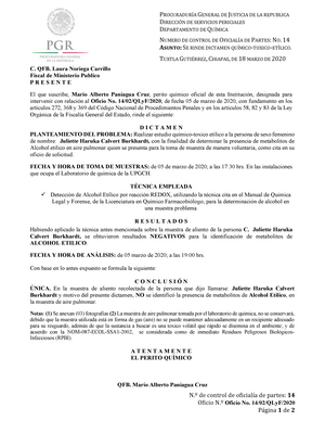 Dictamen Toxicologico - N.º de control de oficialía de partes: 14 Oficio  N.º Oficio No. 14/02/QLyF/ - Studocu