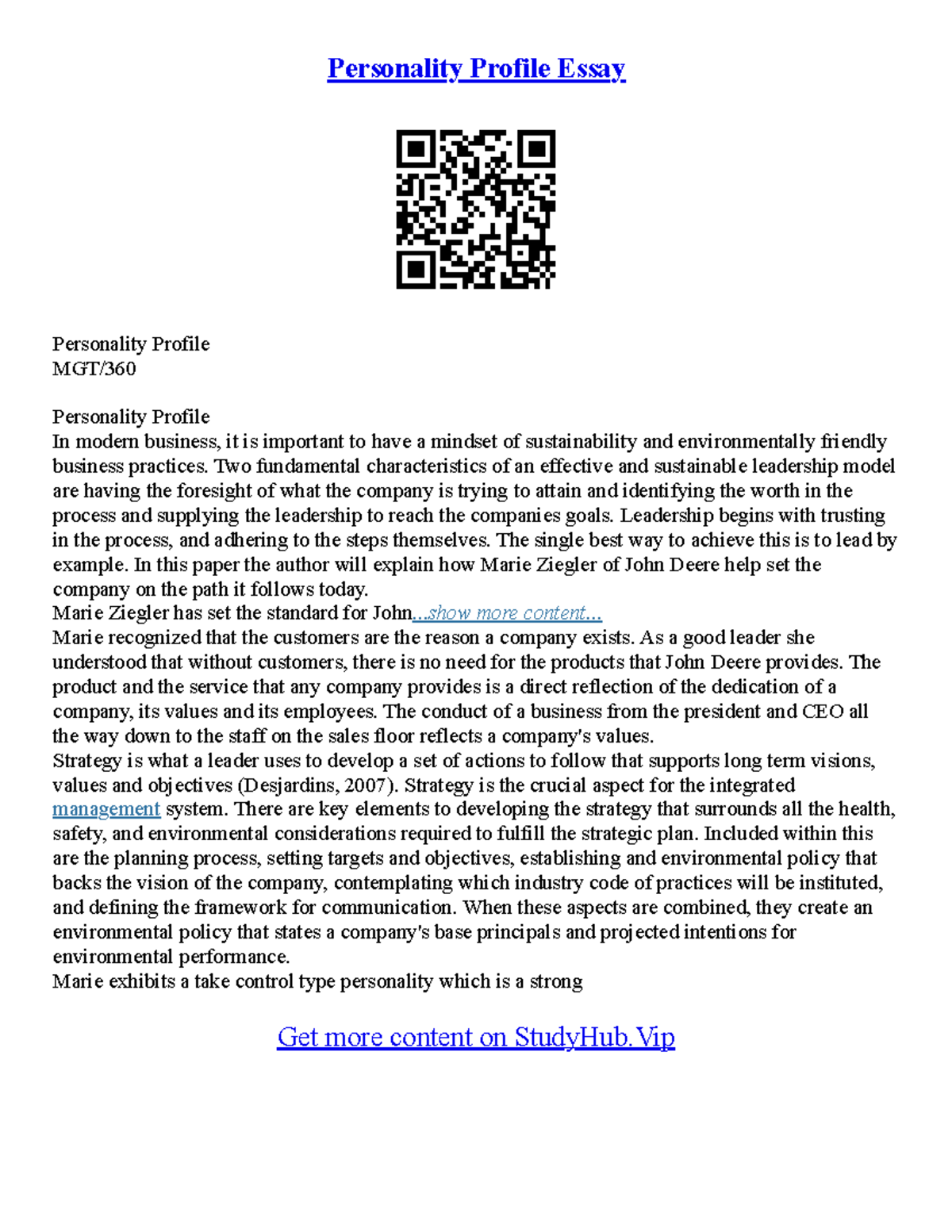 Profile Essay Example - Personality Profile Essay Personality Profile ...