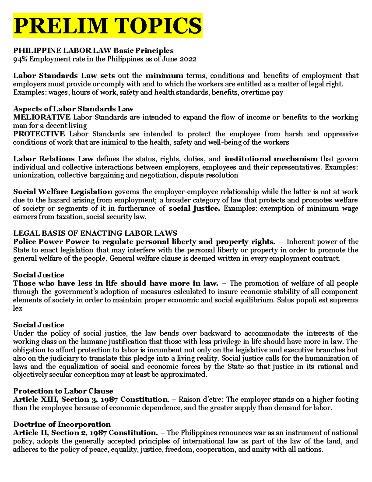 Modules 1 6 Labor CODE Topics Beltran PRELIM TOPICS PHILIPPINE LABOR