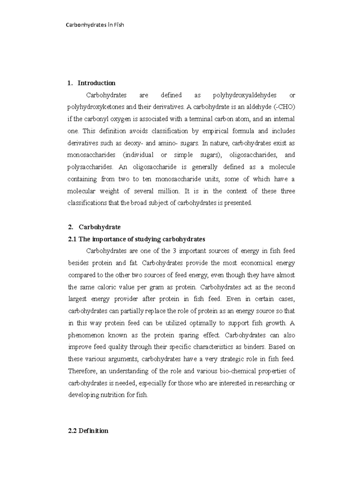 Carbonhydrates in Fish - Introduction Carbohydrates are defined as ...