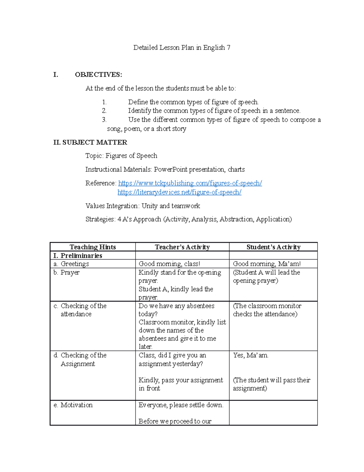 Detailed Lesson Plan In English 7 - OBJECTIVES: At The End Of The ...