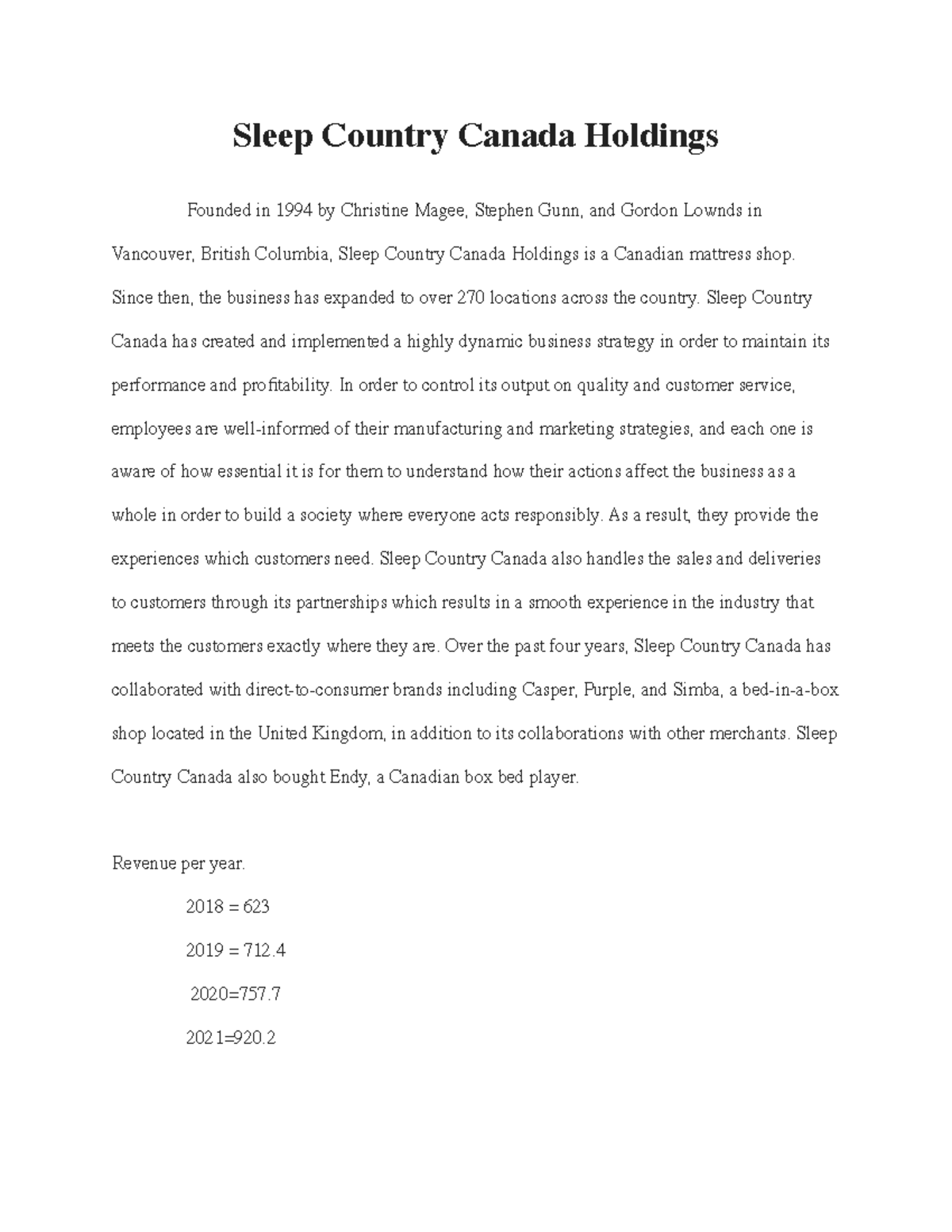 Canadian Company Sleep Country Canada Holdings Founded in 1994 by