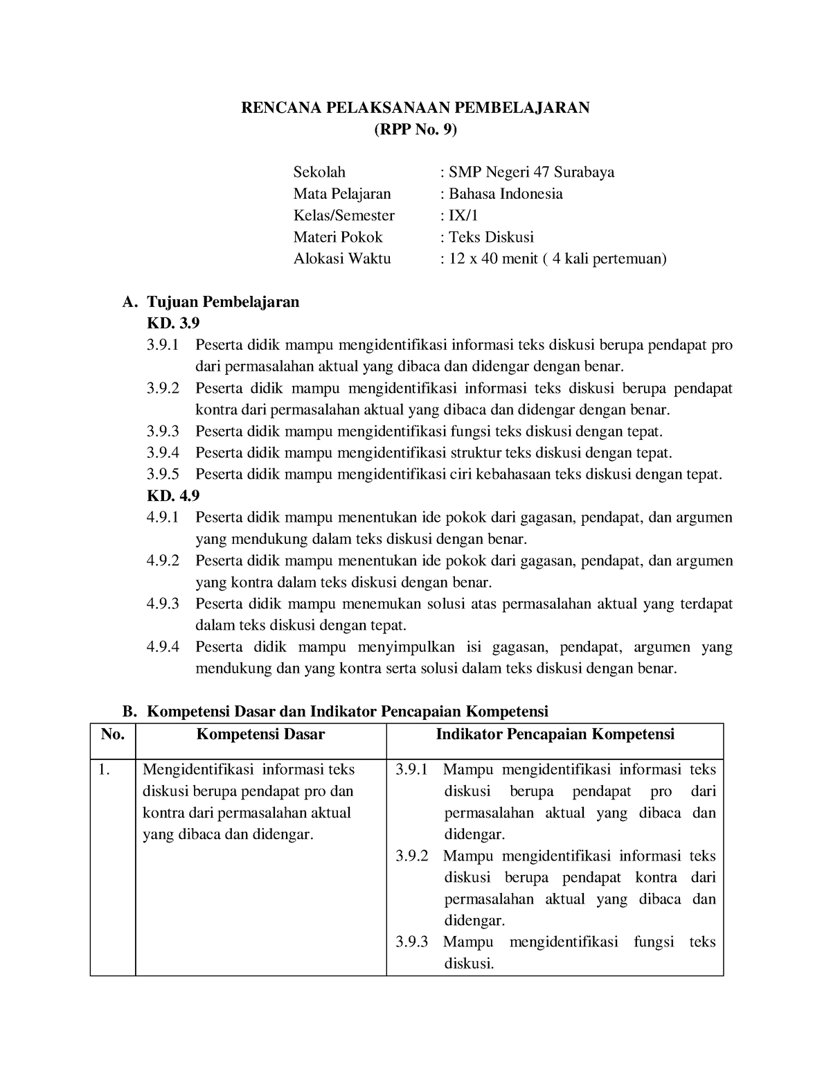 RPP BIN - Aaaa - RENCANA PELAKSANAAN PEMBELAJARAN (RPP No. 9) Sekolah ...