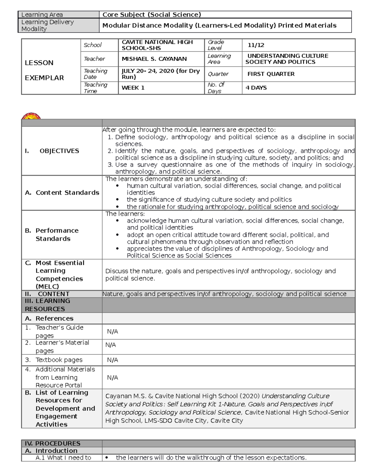 LE-UCSP-01 - Personal biography - Learning Area Core Subject (Social ...