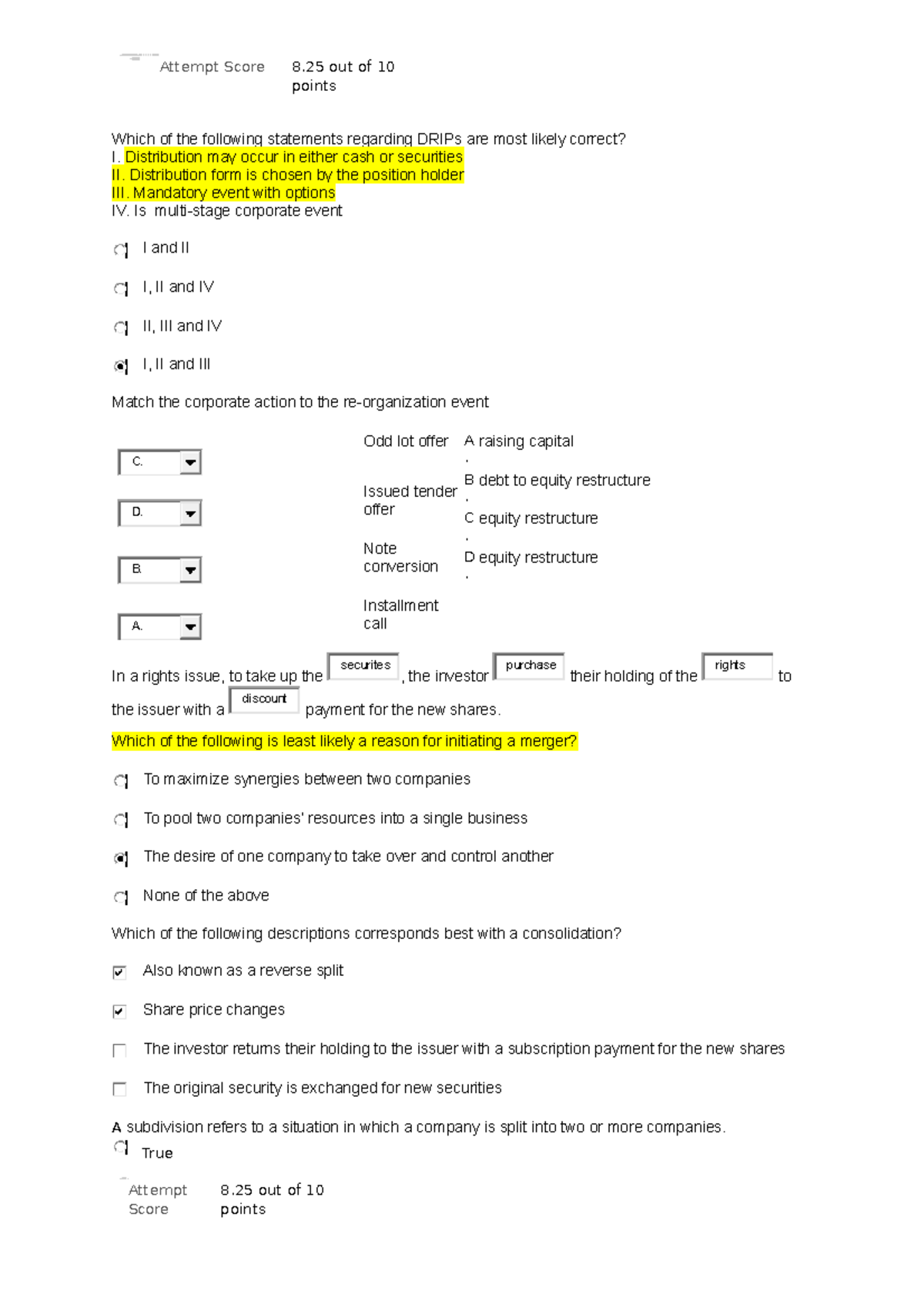 UNIT 2 QUIZ 2 Application of Corporate Events Part 1 Corporate