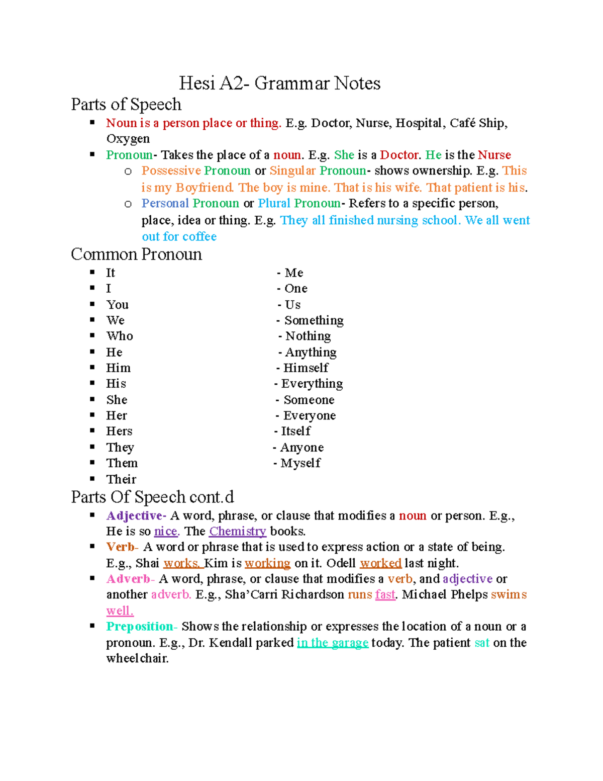 Hesi A2- Grammar Notes - Entrance Exam - Hesi A2- Grammar Notes Parts ...
