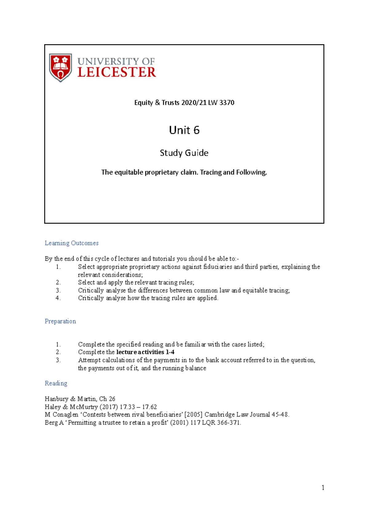 Equity and Trusts - Equitable Proprietary Remedies - Handout - Learning ...