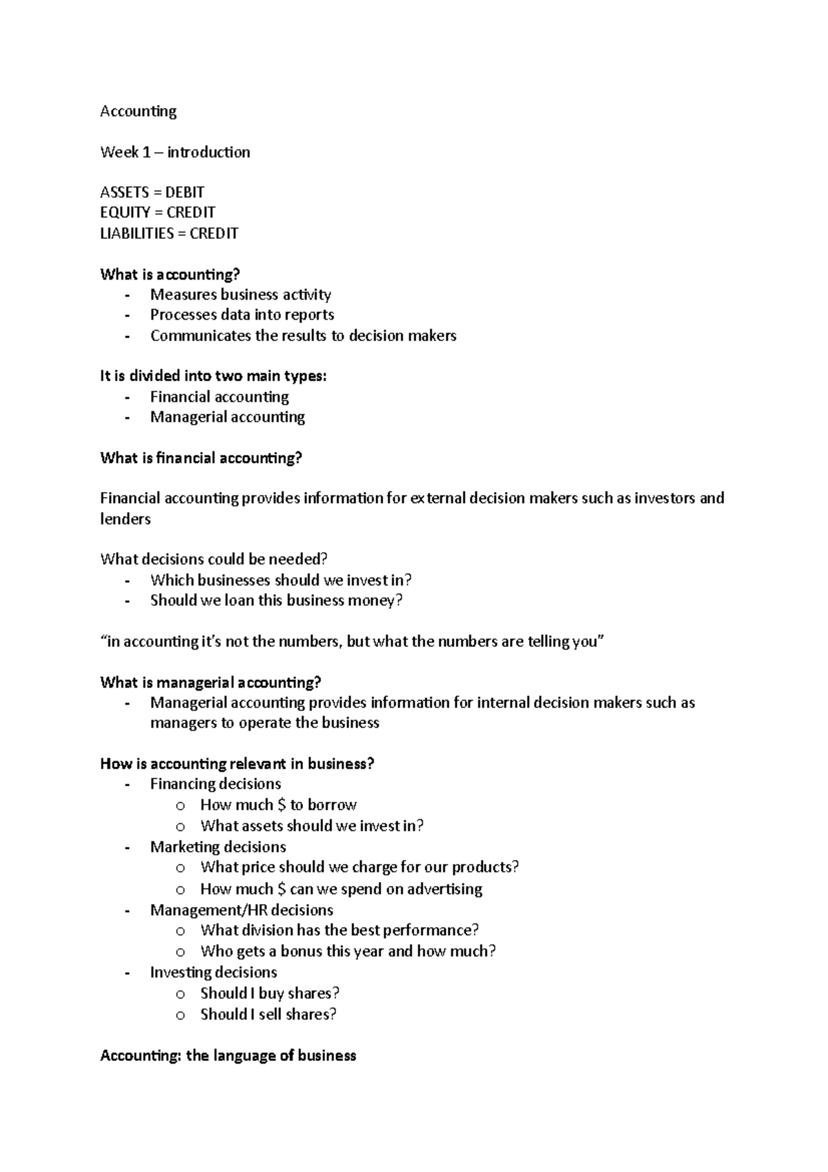 Accounting Lecture Notes - Accounting Week 1 – introduction ASSETS ...