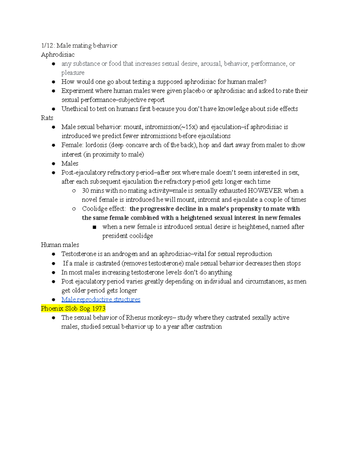 Mating behavior - psyc 207 Dr. Edwards notes - 1/12: Male mating