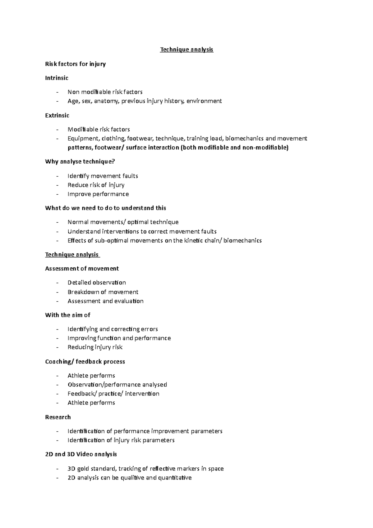 Technique analysis - Technique analysis Risk factors for injury ...